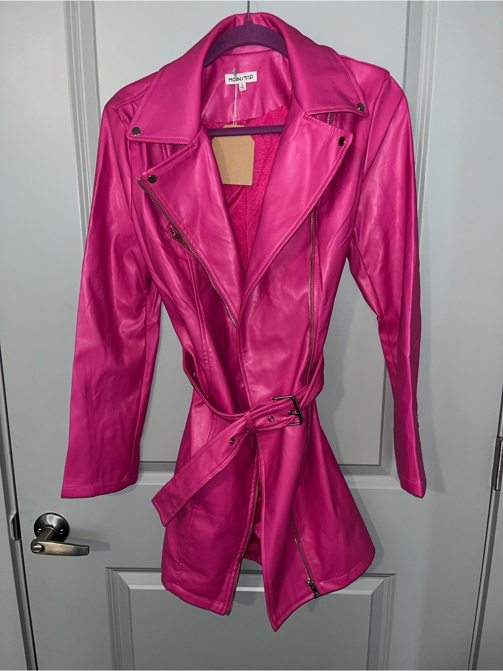 Fuchsia Leather Belted Moto Jacket